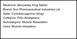 Information about Benzaday 4mg Tablet (Brand: Sun Pharmaceutical Industries Ltd) - Uses: Muscle relaxation