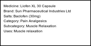 Information about Liofen XL 30 Capsule (Brand: Sun Pharmaceutical Industries Ltd) - Uses: Muscle relaxation