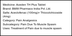 Information about Aceden TH Plus Tablet (Brand: BMW Pharmaco India Pvt. Ltd.) - Uses: Treatment of Pain due to muscle spasm