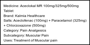 Information about Aceclokal MR 100mg/325mg/500mg Tablet (Brand: Kalmia Healthcare) - Uses: Treatment of Muscular pain