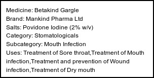 Information about Betakind Gargle (Brand: Mankind Pharma Ltd) - Uses: Treatment of Sore throat,Treatment of Mouth infection,Treatment and prevention of Wound infection,Treatment of Dry mouth
