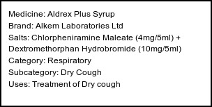 Information about Aldrex Plus Syrup (Brand: Alkem Laboratories Ltd) - Uses: Treatment of Dry cough