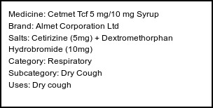Information about Cetmet Tcf 5 mg/10 mg Syrup (Brand: Almet Corporation Ltd) - Uses: Dry cough