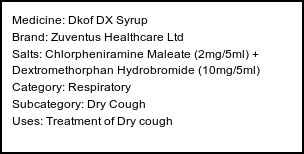 Information about Dkof DX Syrup (Brand: Zuventus Healthcare Ltd) - Uses: Treatment of Dry cough