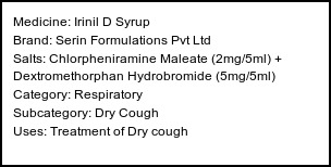 Information about Irinil D Syrup (Brand: Serin Formulations Pvt Ltd) - Uses: Treatment of Dry cough