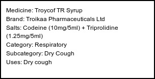 Information about Troycof TR Syrup (Brand: Troikaa Pharmaceuticals Ltd) - Uses: Dry cough