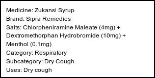 Information about Zukansi Syrup (Brand: Sipra Remedies) - Uses: Dry cough
