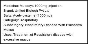 Information about Mucosys 1000mg Injection (Brand: United Biotech Pvt Ltd) - Uses: Treatment of Respiratory disease with excessive mucus