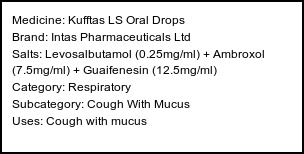 Information about Kufftas LS Oral Drops (Brand: Intas Pharmaceuticals Ltd) - Uses: Cough with mucus