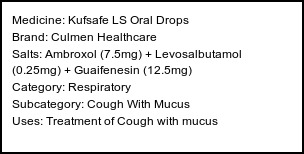 Information about Kufsafe LS Oral Drops (Brand: Culmen Healthcare) - Uses: Treatment of Cough with mucus