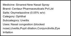 Information about Sinarest New Nasal Spray (Brand: Centaur Pharmaceuticals Pvt Ltd) - Uses: Nasal congestion (blocked nose),Uveitis,Pupil dilation,Conjunctivitis,Eye Irritation