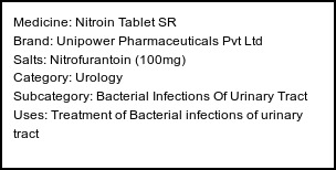 Information about Nitroin Tablet SR (Brand: Unipower Pharmaceuticals Pvt Ltd) - Uses: Treatment of Bacterial infections of urinary tract