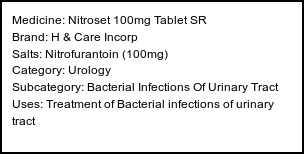 Information about Nitroset 100mg Tablet SR (Brand: H & Care Incorp) - Uses: Treatment of Bacterial infections of urinary tract