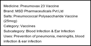 Information about Pneumovax 23 Vaccine (Brand: MSD Pharmaceuticals Pvt Ltd) - Uses: Prevention of pneumonia, meningitis, blood infection & ear infection