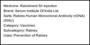 Information about Rabishield 50 Injection (Brand: Serum Institute Of India Ltd) - Uses: Prevention of Rabies