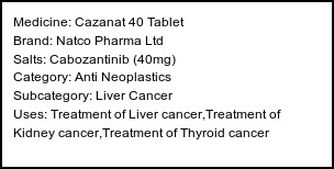 Information about Cazanat 40 Tablet (Brand: Natco Pharma Ltd) - Uses: Treatment of Liver cancer,Treatment of Kidney cancer,Treatment of Thyroid cancer