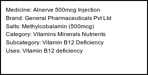 Information about Alnerve 500mcg Injection (Brand: General Pharmaceuticals Pvt Ltd) - Uses: Vitamin B12 deficiency