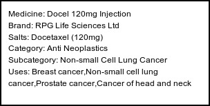 Information about Docel 120mg Injection (Brand: RPG Life Sciences Ltd) - Uses: Breast cancer,Non-small cell lung cancer,Prostate cancer,Cancer of head and neck