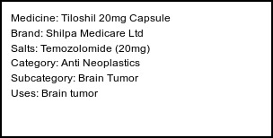 Information about Tiloshil 20mg Capsule (Brand: Shilpa Medicare Ltd) - Uses: Brain tumor