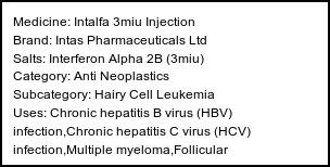 Information about Intalfa 3miu Injection (Brand: Intas Pharmaceuticals Ltd) - Uses: Chronic hepatitis B virus (HBV) infection,Chronic hepatitis C virus (HCV) infection,Multiple myeloma,Follicular lymphoma,Hairy cell leukemia