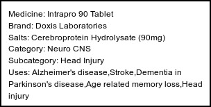 Information about Intrapro 90 Tablet (Brand: Doxis Laboratories) - Uses: Alzheimer's disease,Stroke,Dementia in Parkinson's disease,Age related memory loss,Head injury