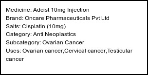 Information about Adcist 10mg Injection (Brand: Oncare Pharmaceuticals Pvt Ltd) - Uses: Ovarian cancer,Cervical cancer,Testicular cancer
