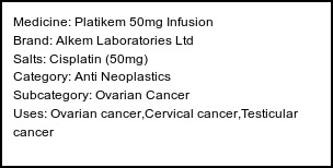 Information about Platikem 50mg Infusion (Brand: Alkem Laboratories Ltd) - Uses: Ovarian cancer,Cervical cancer,Testicular cancer