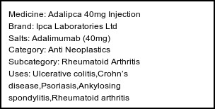 Information about Adalipca 40mg Injection (Brand: Ipca Laboratories Ltd) - Uses: Ulcerative colitis,Crohn’s disease,Psoriasis,Ankylosing spondylitis,Rheumatoid arthritis