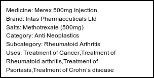 Information about Merex 500mg Injection (Brand: Intas Pharmaceuticals Ltd) - Uses: Treatment of Cancer,Treatment of Rheumatoid arthritis,Treatment of Psoriasis,Treatment of Crohn’s disease