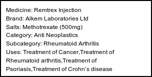 Information about Remtrex Injection (Brand: Alkem Laboratories Ltd) - Uses: Treatment of Cancer,Treatment of Rheumatoid arthritis,Treatment of Psoriasis,Treatment of Crohn’s disease