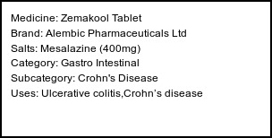 Information about Zemakool Tablet (Brand: Alembic Pharmaceuticals Ltd) - Uses: Ulcerative colitis,Crohn’s disease