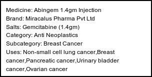 Information about Abingem 1.4gm Injection (Brand: Miracalus Pharma Pvt Ltd) - Uses: Non-small cell lung cancer,Breast cancer,Pancreatic cancer,Urinary bladder cancer,Ovarian cancer