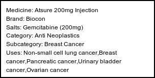 Information about Atsure 200mg Injection (Brand: Biocon) - Uses: Non-small cell lung cancer,Breast cancer,Pancreatic cancer,Urinary bladder cancer,Ovarian cancer