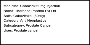 Information about Cabazirix 60mg Injection (Brand: Therdose Pharma Pvt Ltd) - Uses: Prostate cancer