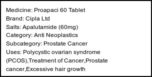 Information about Proapaci 60 Tablet (Brand: Cipla Ltd) - Uses: Polycystic ovarian syndrome (PCOS),Treatment of Cancer,Prostate cancer,Excessive hair growth