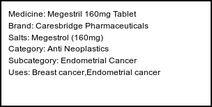 Information about Megestril 160mg Tablet (Brand: Caresbridge Pharmaceuticals) - Uses: Breast cancer,Endometrial cancer