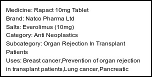 Information about Rapact 10mg Tablet (Brand: Natco Pharma Ltd) - Uses: Breast cancer,Prevention of organ rejection in transplant patients,Lung cancer,Pancreatic cancer,Kidney cancer