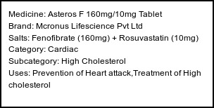 Information about Asteros F 160mg/10mg Tablet (Brand: Mcronus Lifescience Pvt Ltd) - Uses: Prevention of Heart attack,Treatment of High cholesterol