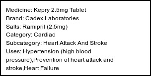 Information about Kepry 2.5mg Tablet (Brand: Cadex Laboratories) - Uses: Hypertension (high blood pressure),Prevention of heart attack and stroke,Heart Failure