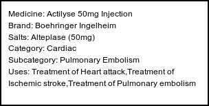 Information about Actilyse 50mg Injection (Brand: Boehringer Ingelheim) - Uses: Treatment of Heart attack,Treatment of Ischemic stroke,Treatment of Pulmonary embolism