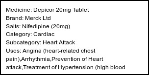 Information about Depicor 20mg Tablet (Brand: Merck Ltd) - Uses: Angina (heart-related chest pain),Arrhythmia,Prevention of Heart attack,Treatment of Hypertension (high blood pressure),Hypertensive emergency,Prevention of Stroke,Subarachnoid haemorrhage,Anal fissure