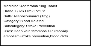 Information about Acethromb 1mg Tablet (Brand: Suvik Hitek Pvt Ltd) - Uses: Deep vein thrombosis,Pulmonary embolism,Stroke prevention,Blood clots