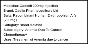 Information about Cadicrit 200mg Injection (Brand: Cadila Pharmaceuticals Ltd) - Uses: Treatment of Anemia due to cancer chemotherapy,Treatment of Anemia due to chronic kidney disease