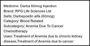 Information about Darba 60mcg Injection (Brand: RPG Life Sciences Ltd) - Uses: Treatment of Anemia due to chronic kidney disease,Treatment of Anemia due to cancer chemotherapy