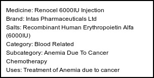 Information about Renocel 6000IU Injection (Brand: Intas Pharmaceuticals Ltd) - Uses: Treatment of Anemia due to cancer chemotherapy,Treatment of Anemia due to chronic kidney disease