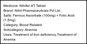 Information about Nihifer-XT Tablet (Brand: Nihit Pharmaceuticals Pvt Ltd) - Uses: Treatment of Iron deficiency,Treatment of Anemia