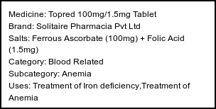 Information about Topred 100mg/1.5mg Tablet (Brand: Solitaire Pharmacia Pvt Ltd) - Uses: Treatment of Iron deficiency,Treatment of Anemia