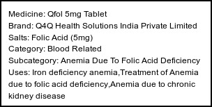 Information about Qfol 5mg Tablet (Brand: Q4Q Health Solutions India Private Limited) - Uses: Iron deficiency anemia,Treatment of Anemia due to folic acid deficiency,Anemia due to chronic kidney disease