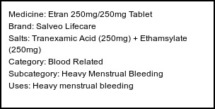 Information about Etran 250mg/250mg Tablet (Brand: Salveo Lifecare) - Uses: Heavy menstrual bleeding