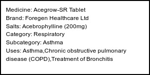 Information about Acegrow-SR Tablet (Brand: Foregen Healthcare Ltd) - Uses: Asthma,Chronic obstructive pulmonary disease (COPD),Treatment of Bronchitis